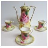 R.S. PRUSSIA CHOCOLATE POT + THREE CUPS & SAUCERS