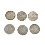 SIX CANADIAN 1951-1965 SILVER DOLLAR COINS
