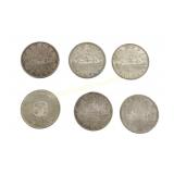 SIX CANADIAN 1935-1966 SILVER DOLLAR COINS
