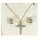 10K PERIDOT & DIAMOND EARRINGS +10K CROSS NECKLACE