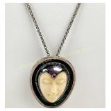 STERLING CARVED BONE FACE PENDANT NECKLACE