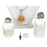 FIVE STERLING GEMSTONE PENDANTS & RINGS