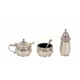 THREE PIECE IRISH STERLING CONDIMENT SET + SPOONS