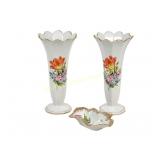 PAIR VINTAGE HEREND PORCELAIN VASES & LEAF DISH