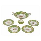 19TH C. LARGE ENGLISH DESSERT COMPOTE & 4 PLATES
