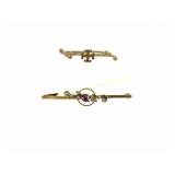 TWO 9K GOLD BAR PIN BROOCHES
