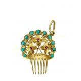 18K GOLD TURQUOISE & RUBY SPANISH HAIRCOMB CHARM