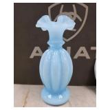 Vtg Fenton Light Blue Overlay Ruffled Melon Vase