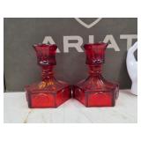 Vtg Fostoria Ruby Red Coin Glass Candlesticks