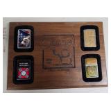 Vtg Camel Zippo Collection set on plaque