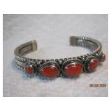 Sterling Navajo Red Coral Cuff Bracelet | 35gm 7'