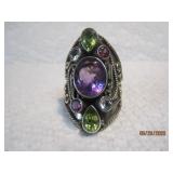 Sterling Ornate Large Purple + Green Ring | 8.5