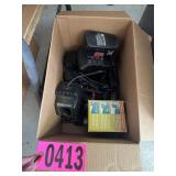 Box of battery chargers and Coleman inflation