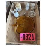 Assorted glassware: amber glass pumpkin dish,
