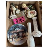 Flat of milk glass vases, decorative plate,