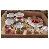 Flat of assorted handpainted tea cups, saucers,