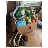 Box of artificial flowers, baskets
