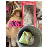 Christmas tree topper, bucket, and porcelain doll