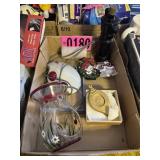 Flat of Christmas ornaments, vase, compuetr