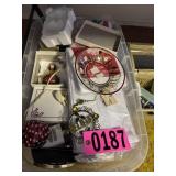 Plastic tote of holiday decor