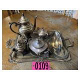 Pewter serving platter and serving pieces and