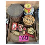 Flat of antique cracker and coffee tins,