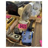 Flat of desk fan, flashlight, labeler, & weather