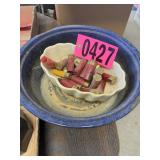 Blue graniite pot and ceramic dish with shotgun