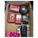 Vintage cigarette tins, zippo lighters, matches,
