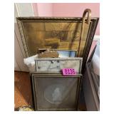 Old vintage framed prints and walking stick