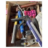 Flat of hand tools, grease gun, and air pump