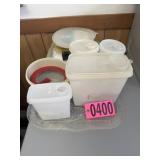 Plasticware and pressed glass serving platter