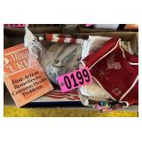 Flat of book, flags, craft supplies