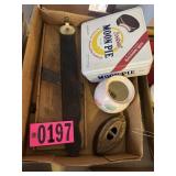 Flat of vintage Moonpie tin, miniature sad iron,