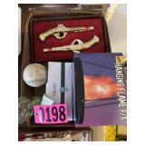 Flat of digital clock radio, baseballs, vintage