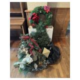 Lg. pile of Christmas decor, wreaths, greenery,