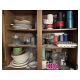 Contents of cabinet: Drinkware, plates, bowls