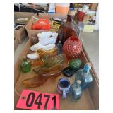 Flat of assorted glassware: amber & green pressed