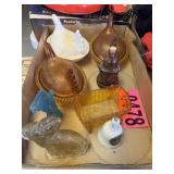 Flat of assorted glassware: amber and milk glass