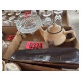 Flat of pressed glass compote, ceramic teapot, &