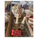 Flat of glass candle sticks, floral glass tray,