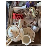 Flat of porcelain teapot, cup, and saucer,