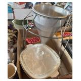 Casserole dish and vintage metal cone strainer