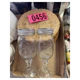 Flat of basket plates and (2) Ball jar stemware