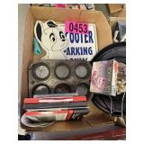 Flat of misc: cupcake pans, sewing set, wood dog