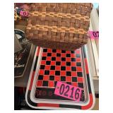 Vintage metal checkers game board/tray and basket