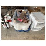 Plastic tubs and box of linens and crafting