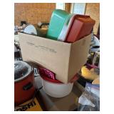 Box of plasticware and bowl
