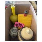 Box lot: decorative bottles, ceramic jars, yellow