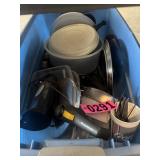 Blue tote lot: cookware, pots, lids, flashlight,